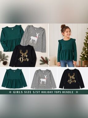 Girls' Holiday Top Bundle – Green, Gray & Black